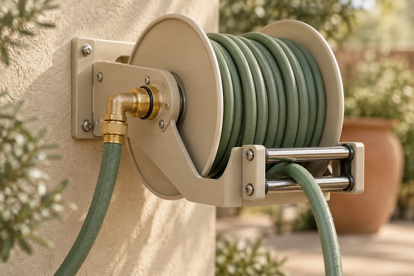 Brass swivel, stainless screws and hose guide roller on a garden hose reel