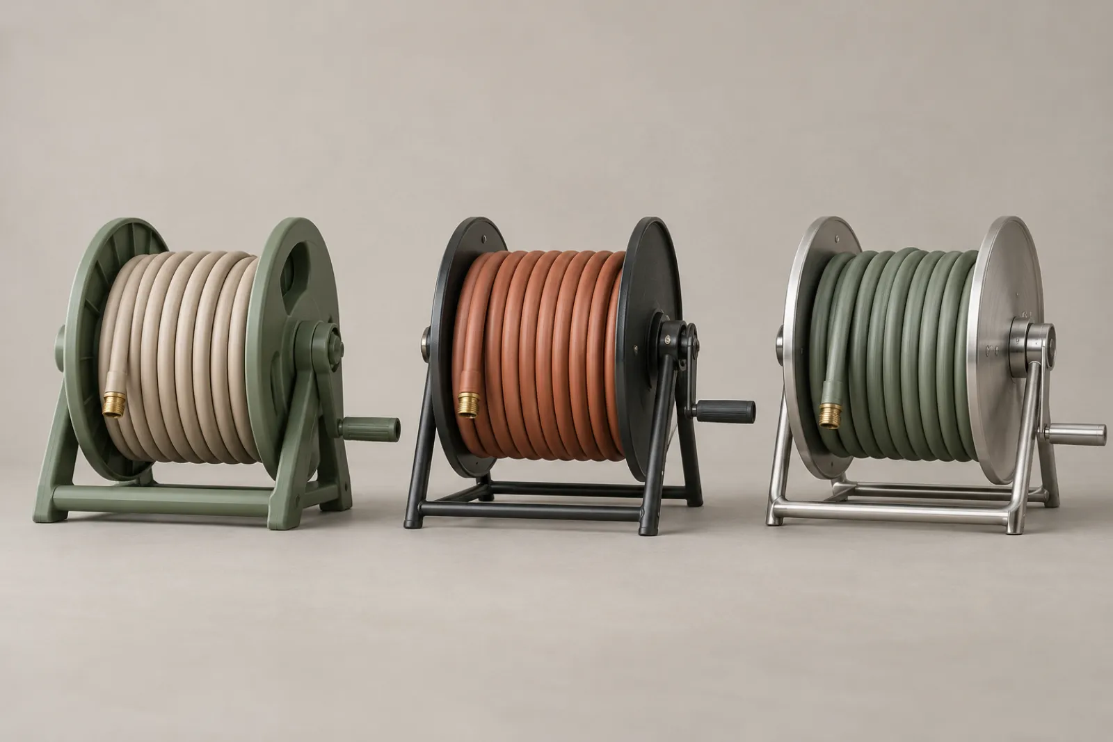 Resin, steel and aluminum garden hose reels compared side by side