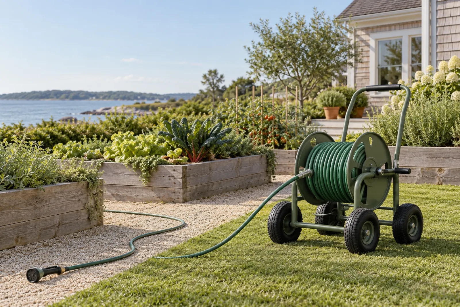 Four-wheel hose reel cart on a lawn next to raised vegetable beds