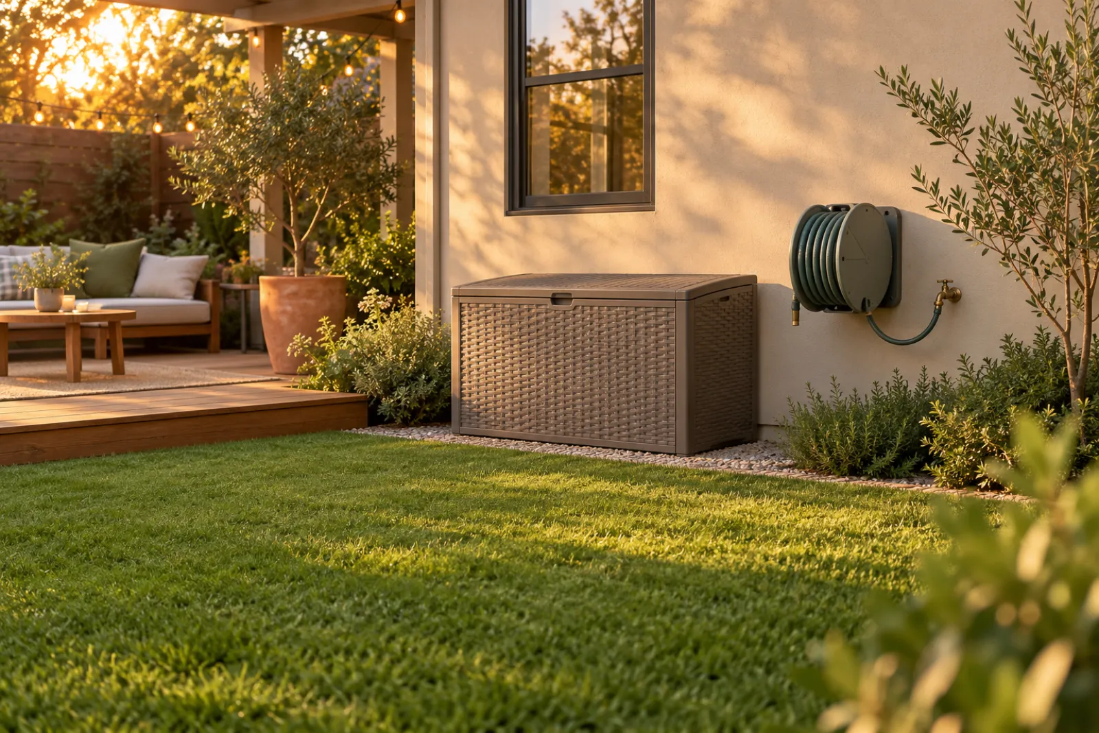 Tidy backyard with a covered hose box and a wall-mounted hose reel, hose fully wound