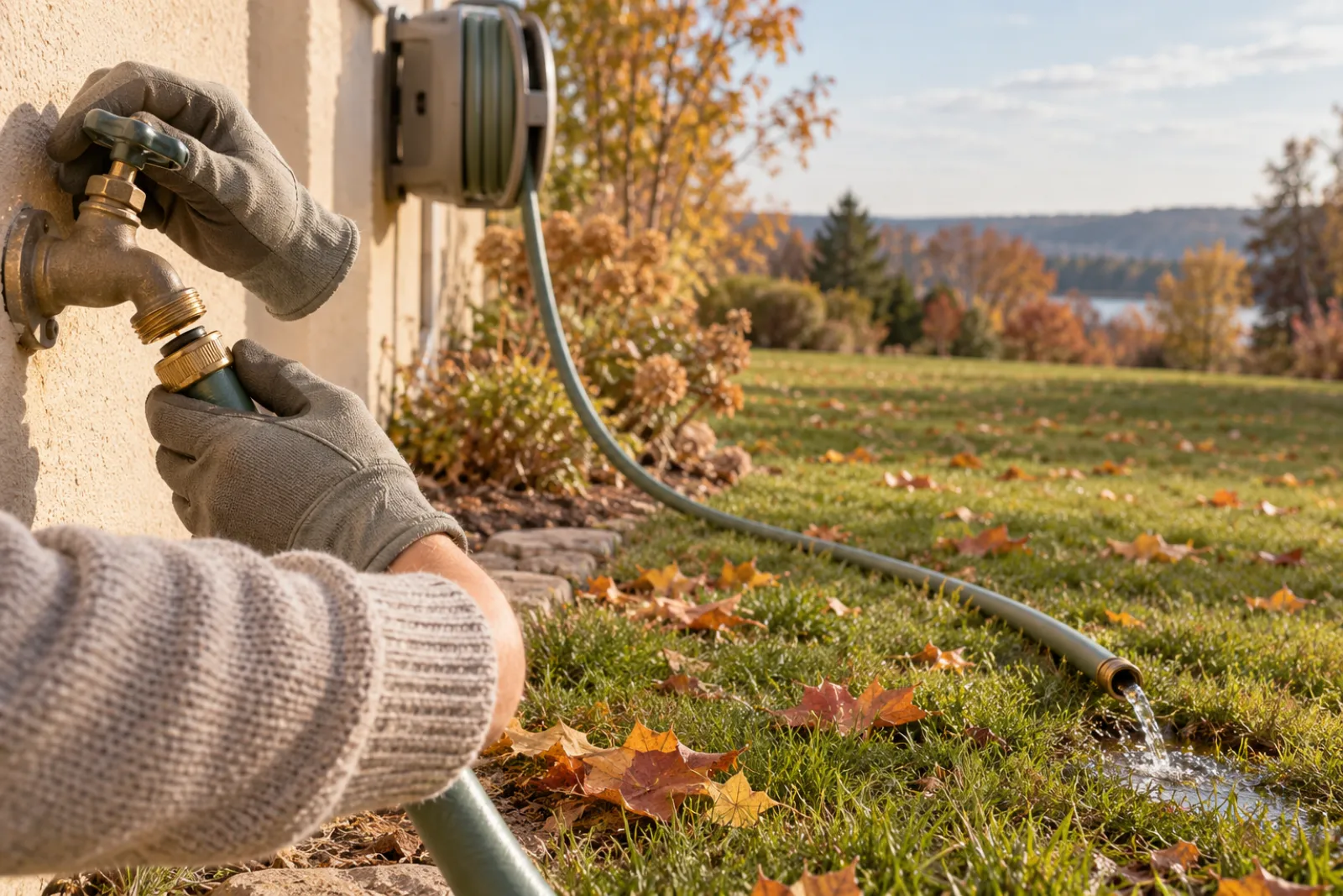 Draining a garden hose and disconnecting the reel from the spigot before winter
