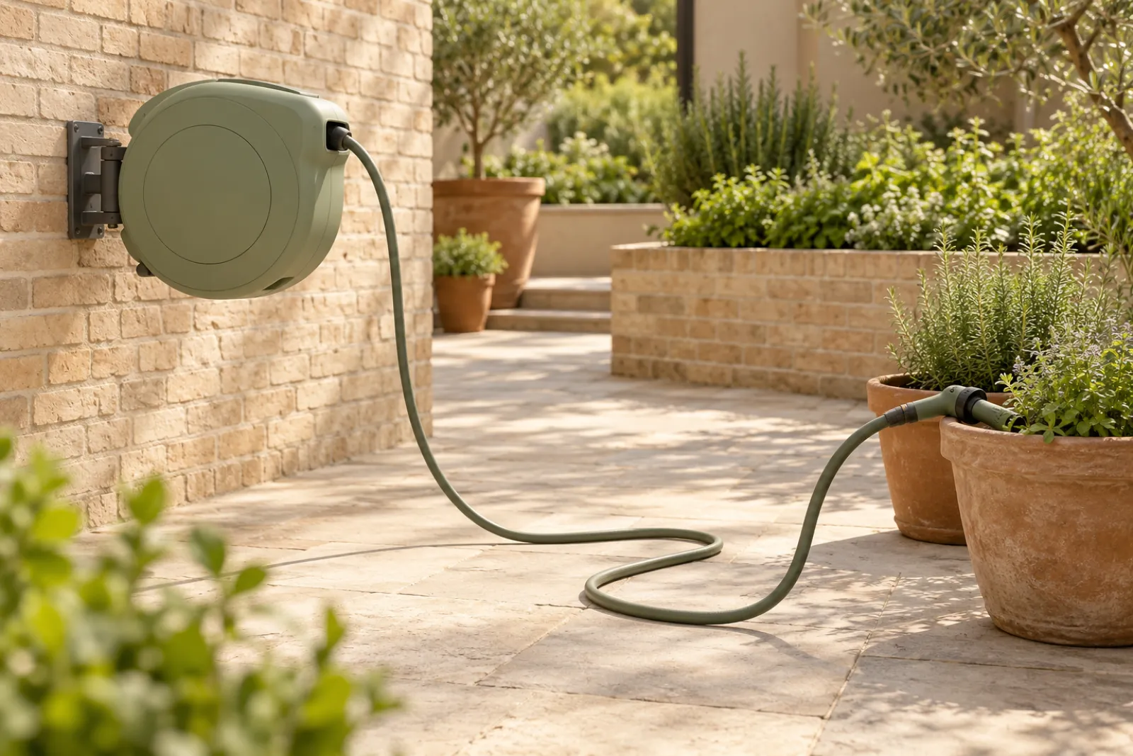 Retractable garden hose reel on a brick patio wall with the hose pulled toward potted plants