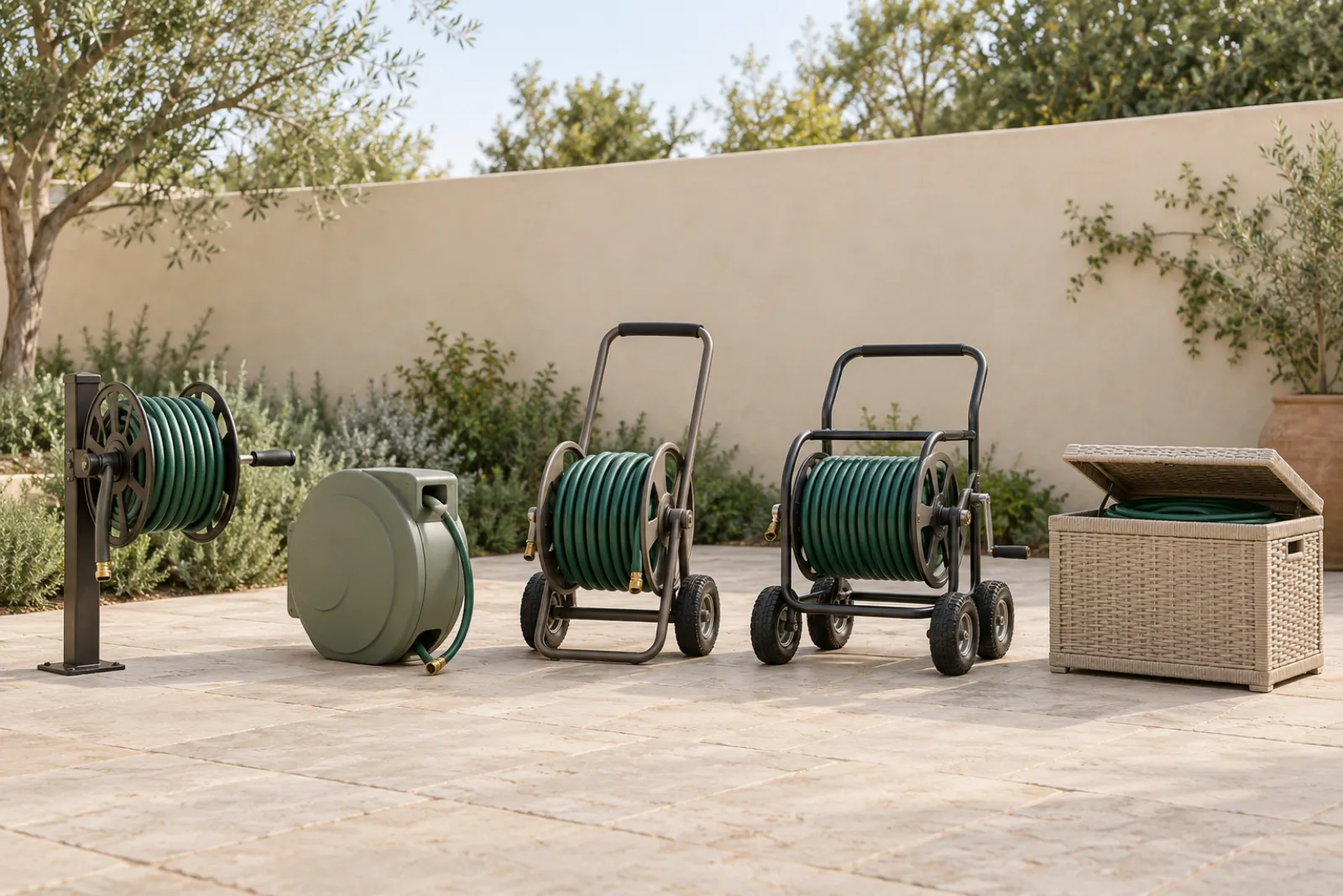 Garden hose reel types side by side: wall reel, retractable, two- and four-wheel carts and covered hose box