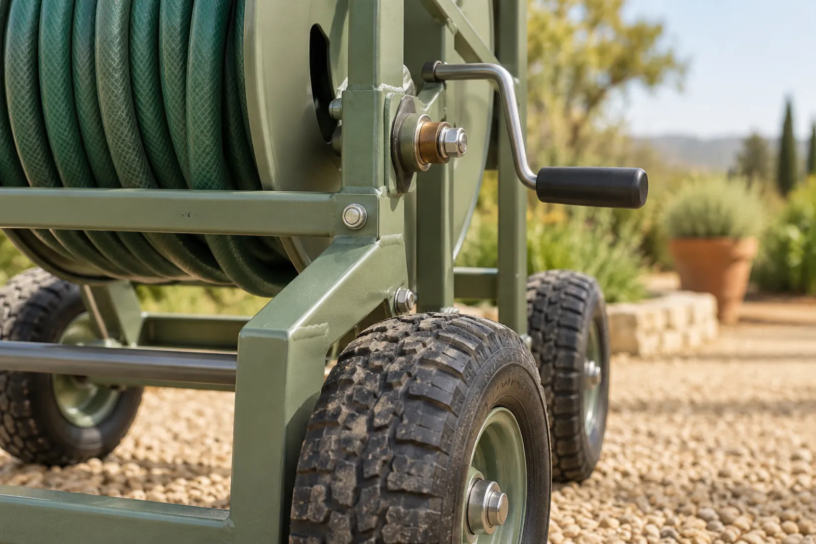 Welded frame, axle bushing and stainless bolts on a heavy-duty hose reel cart